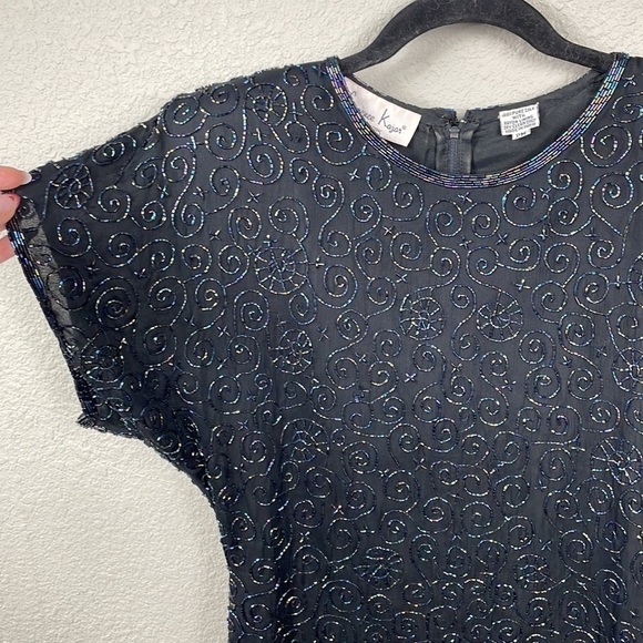 Vintage Laurence Kazar Black Silk Beaded Evening Cocktail Shift Dress Sz MP - Picture 3 of 11
